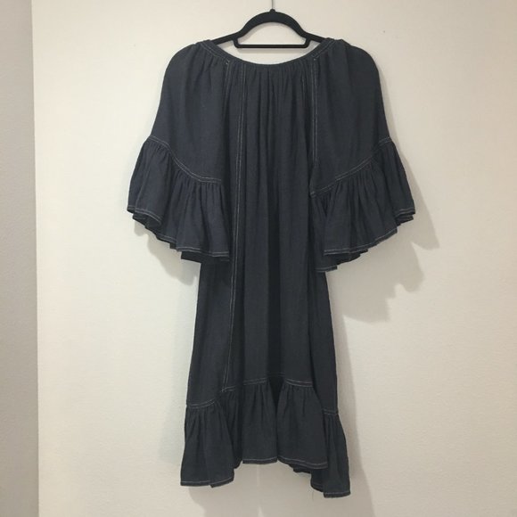 Marant Etoile navy blue with white stitching ruffled short sleeve dress - Picture 3 of 3